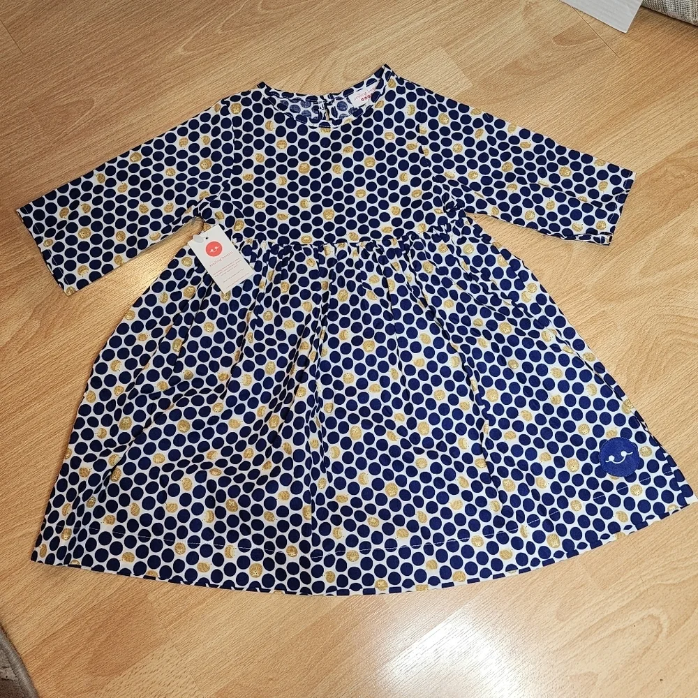 NWT Smiling Button Hedgehog Navy Polka Dot Cotton Dress Pockets‎ Size 5